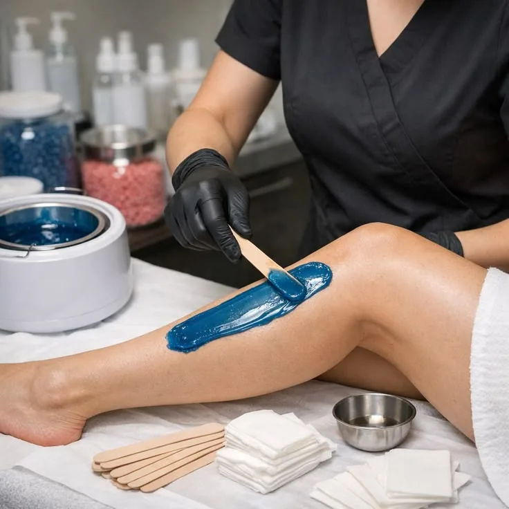 Professional blue wax application during a body waxing service